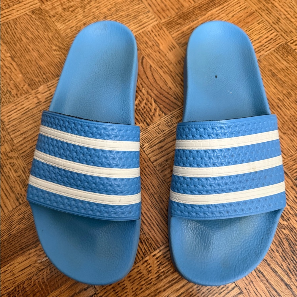 Adidas Light Blue Slide Sandals with White Stripes
